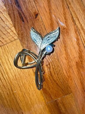 Gold Mermaid Tail Hair Clip with Rhinestones and Pearl Accent